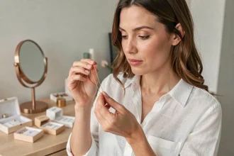 Femme examinant un collier en or de la marque SRD Bijoux avec attention à la maison