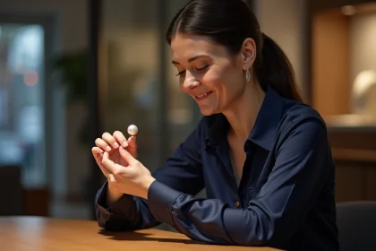 Femme élégante examinant une perle cultivée avec douceur