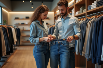 Femme et homme comparant des jeans taille 42 en boutique