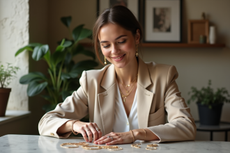 Femme élégante portant bijoux en intérieur à Paris
