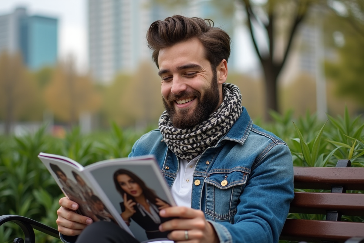 Jeune femme avec barbe lisant un magazine dans un parc urbain