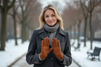 Femme en manteau d'hiver compare deux paires de gants