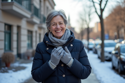 Femme en manteau d'hiver ajustant ses gants gris