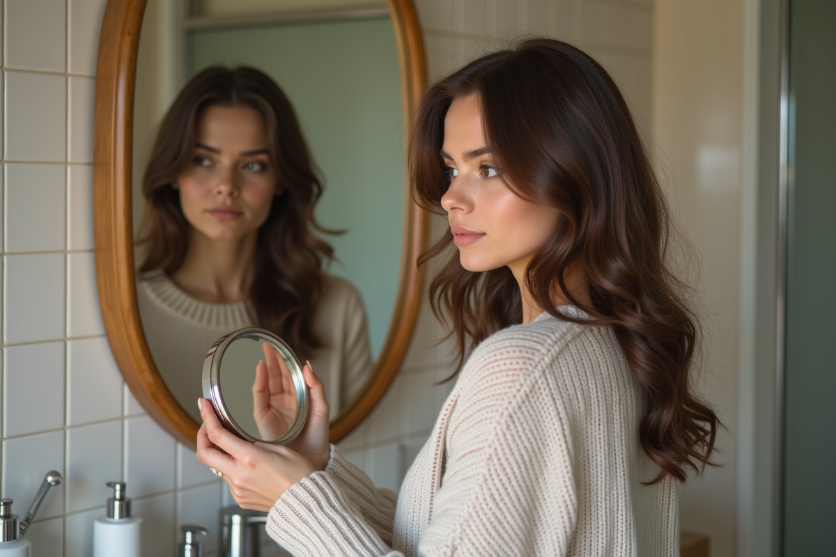 Femme se regardant dans un miroir rond dans sa salle de bain