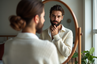 Femme élégante se regardant dans un miroir dans une chambre moderne