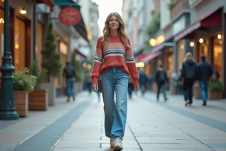 Femme en jeans large et sweater rétro dans une rue urbaine