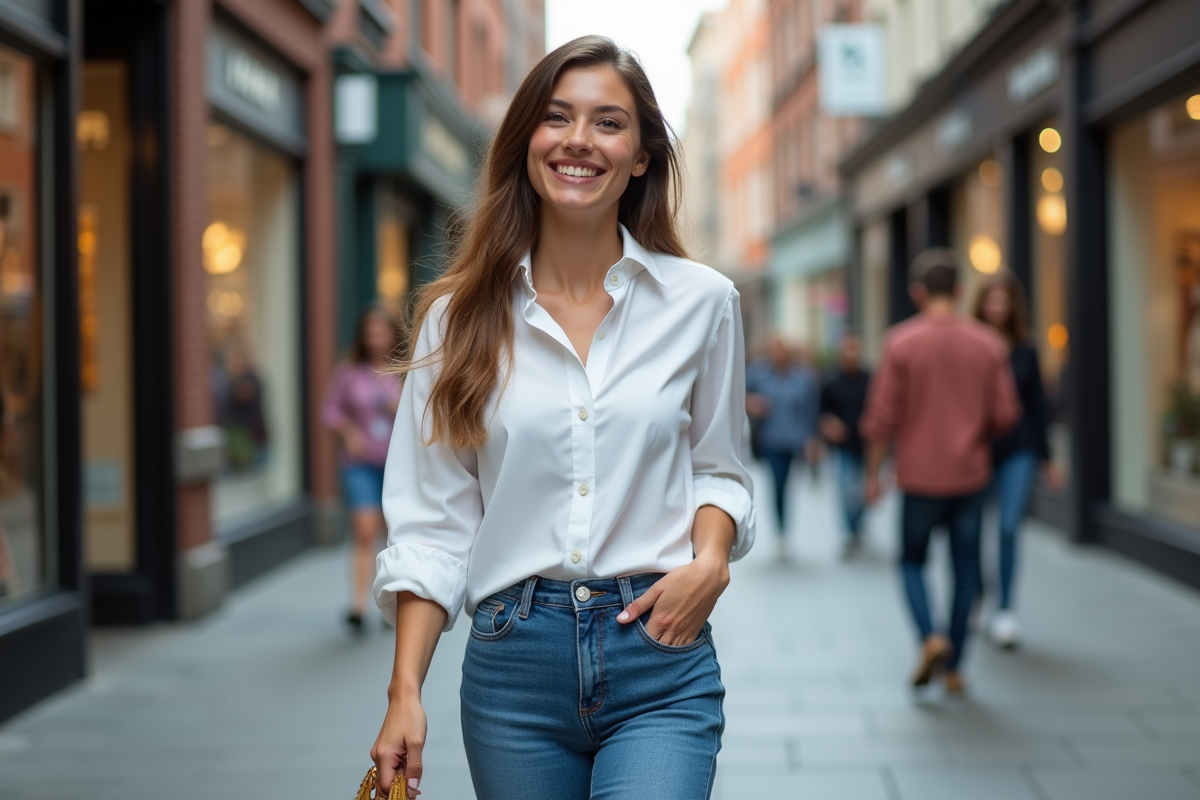 Femme souriante en jeans dans une rue urbaine animée