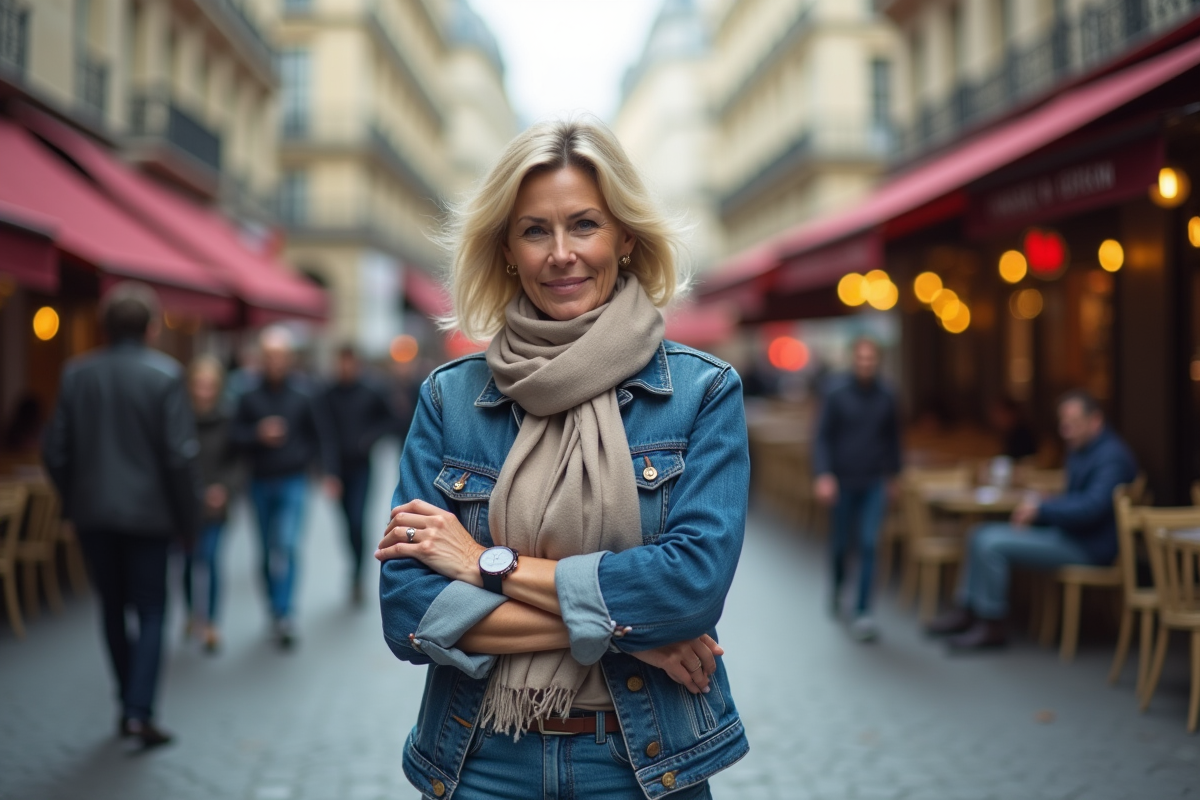Femme parisienne marche dans la rue avec montre et ambiance urbaine