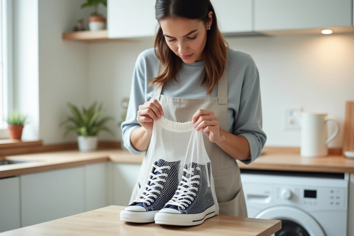 Femme préparant ses Converse dans un filet de lavage avant de les mettre en machine