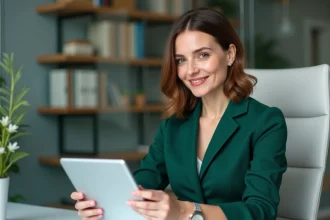 Femme d'affaires souriante avec tablette dans un bureau moderne