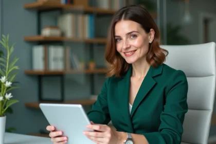 Femme d'affaires souriante avec tablette dans un bureau moderne