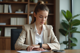 Jeune femme professionnelle regarde sa montre dans un bureau moderne