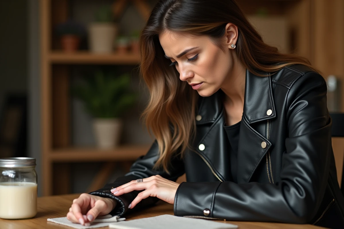 Femme examinant une rayure sur son blouson en cuir noir à la maison avec des produits d'entretien sur la table