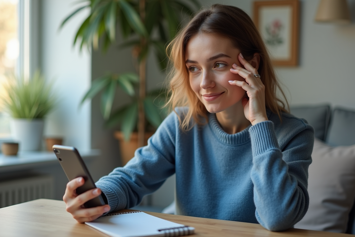 Femme utilisant une reconnaissance faciale sur smartphone