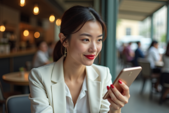 Femme appliquant rouge à lèvres dans un café moderne