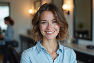 Femme souriante dans un salon de coiffure moderne