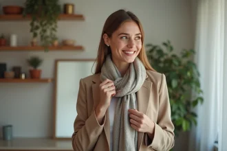 Femme souriante ajustant un foulard dans un appartement moderne