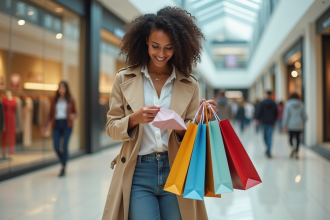 Femme souriante dans un centre commercial moderne