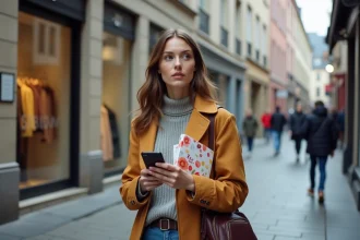 Femme en rue commerçante belge avec smartphone et colis