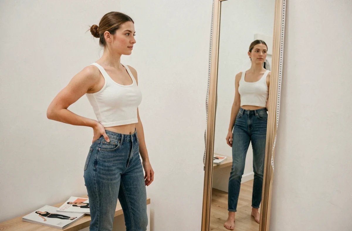 Jeune femme mesurant sa silhouette devant un miroir en pied dans un dressing minimaliste, illustrant la comparaison saine des mensurations