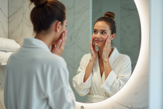 Femme appliquant une creme visage dans une salle de bain moderne