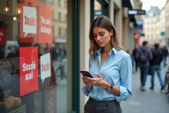 Femme consultant son téléphone devant une vitrine de soldes 2026 dans une rue commerçante française
