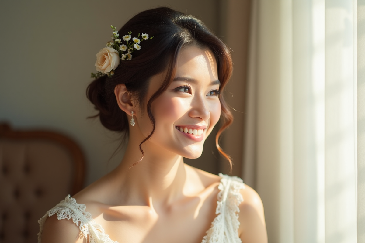 Femme souriante avec accessoires floraux pour mariage