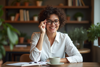Femme souriante avec lunettes dans un café cosy