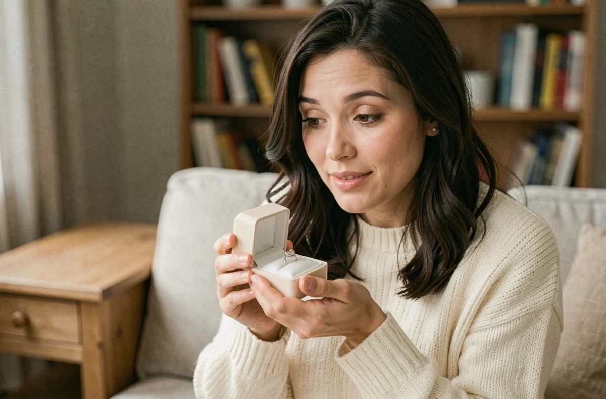 Femme tenant une boîte à bijoux contenant une bague cœur magnétique, ambiance cadeau cosy en intérieur