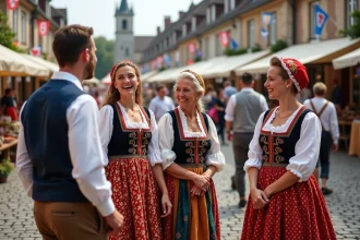 Groupe de jeunes et seniors en costumes bretons lors d'une fête
