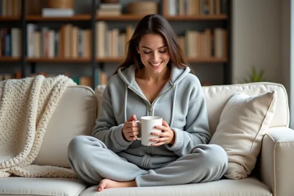 Femme adulte portant une grenouillère grise en polaire assise sur un canapé en lin avec une tasse de thé