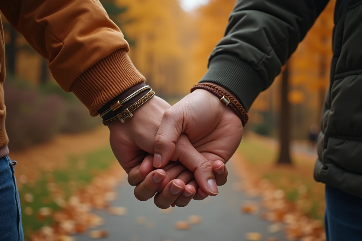 Gros plan sur les poignets entrelacés d'un couple mixte portant des bracelets complémentaires dans un parc en automne
