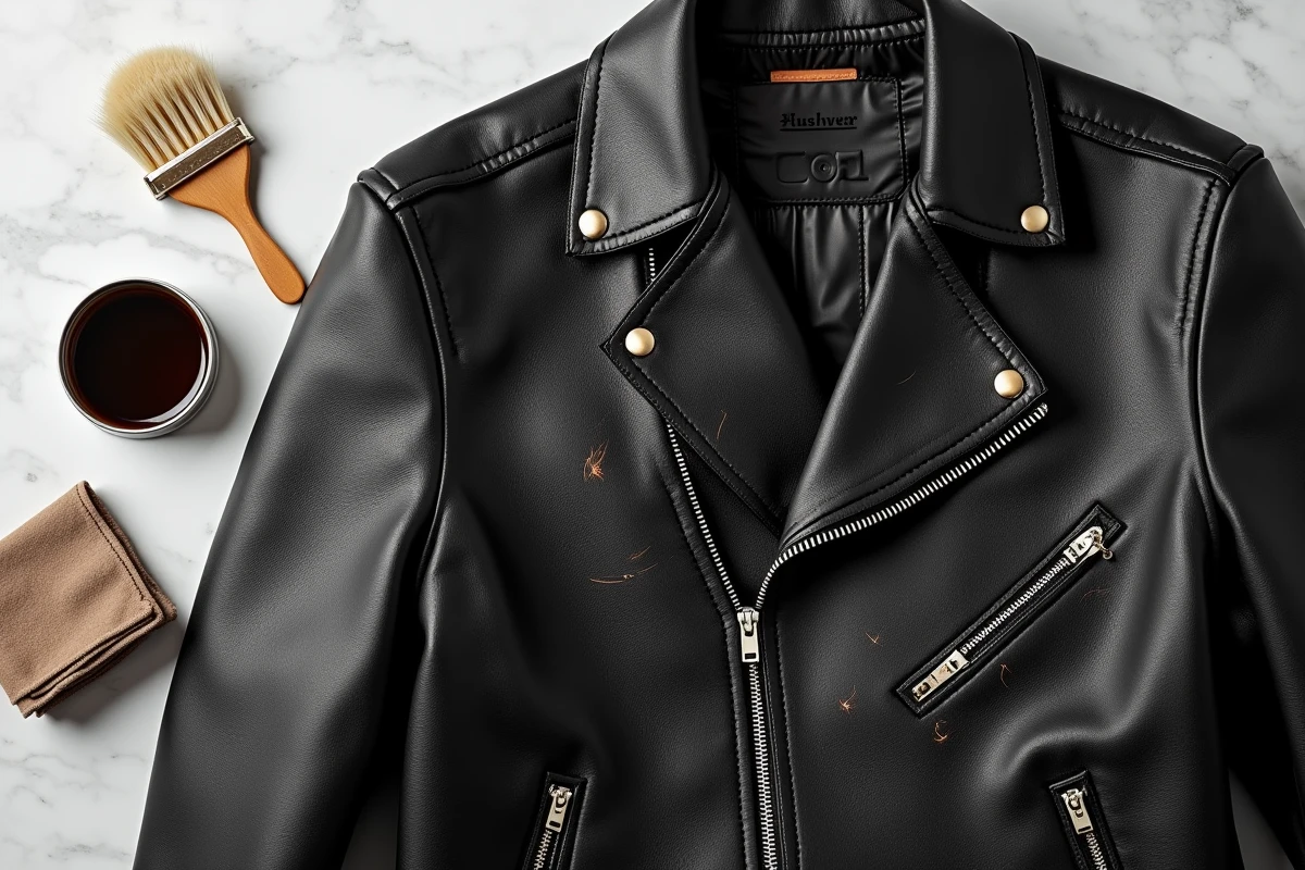 Gros plan d'une rayure sur un blouson en cuir noir avec des produits d'entretien arrangés en flat lay sur marbre blanc