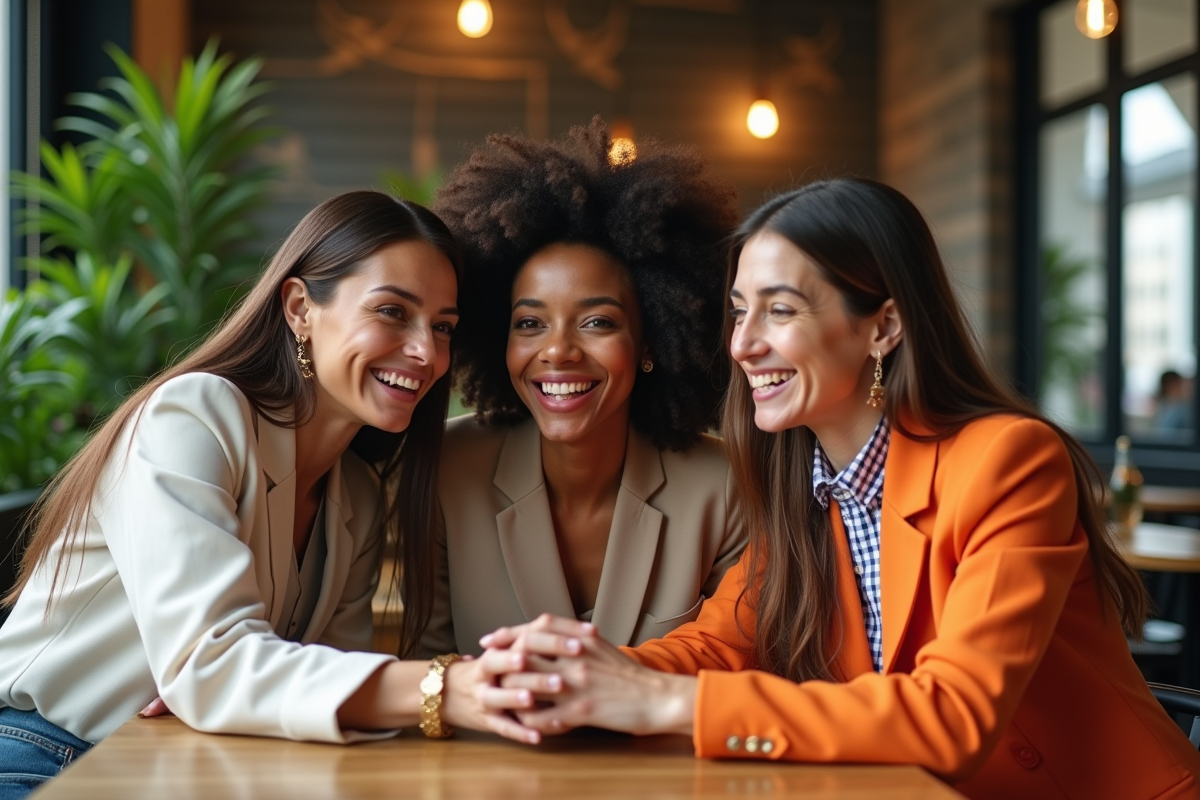 Groupe d influenceurs mode posant dans un café cosy