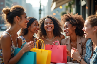 Groupe de jeunes souriants dans un café urbain en plein air