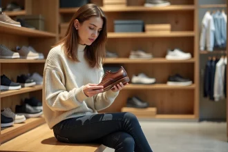 Jeune femme examinant une chaussure en cuir dans un magasin de chaussures, guide des tailles UK