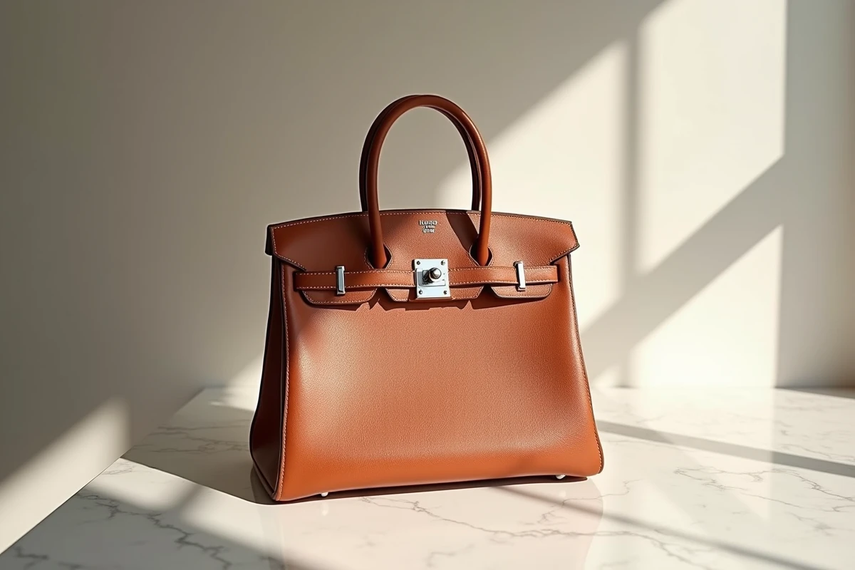 Sac Hermès Birkin 30 en cuir togo couleur Brique posé sur du marbre blanc, détail du verrou tournant et des coutures
