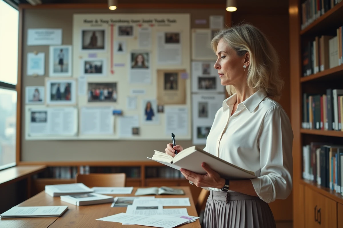 Historienne analysant un tableau darchives mode en bibliothèque