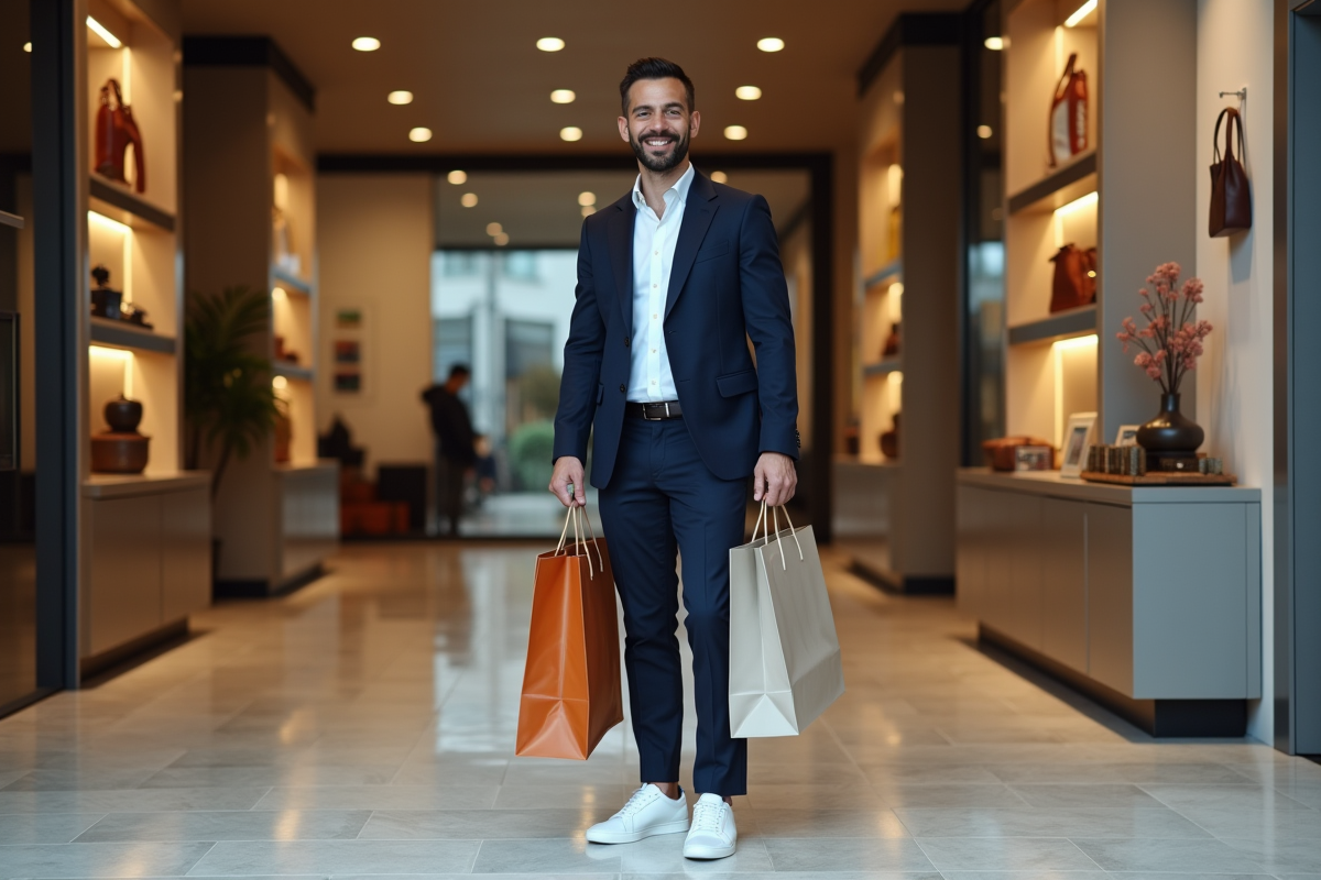 Homme souriant avec sacs de shopping dans une boutique moderne