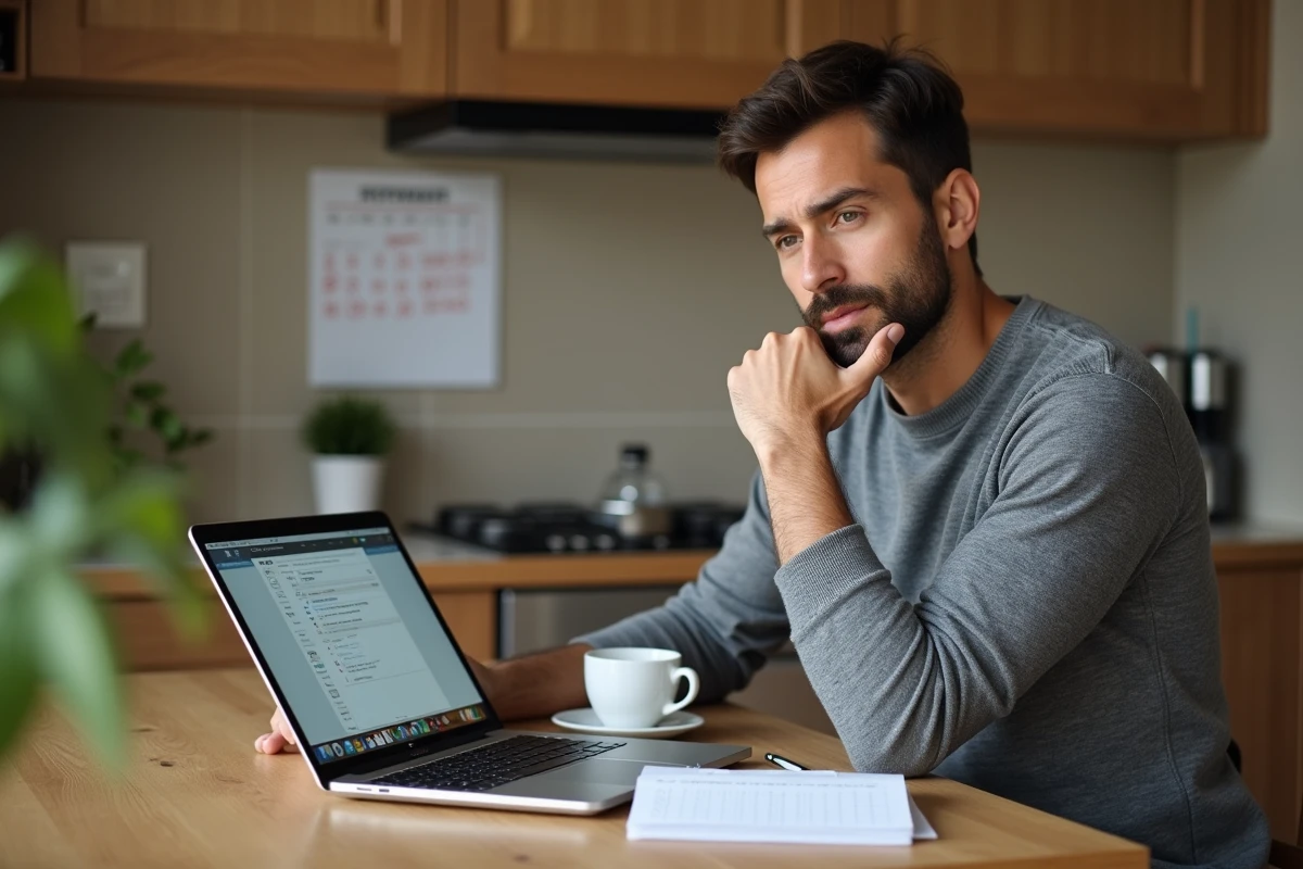 Homme planifiant les dates des soldes 2026 sur un calendrier avec un ordinateur portable dans une cuisine moderne