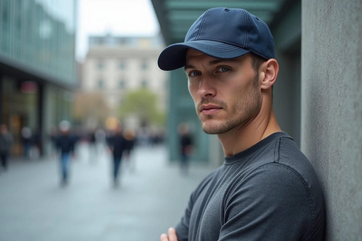 Homme en casquette cinq panneaux marine et pull gris dans une place urbaine moderne, look casual chic sans paraître touriste en ville