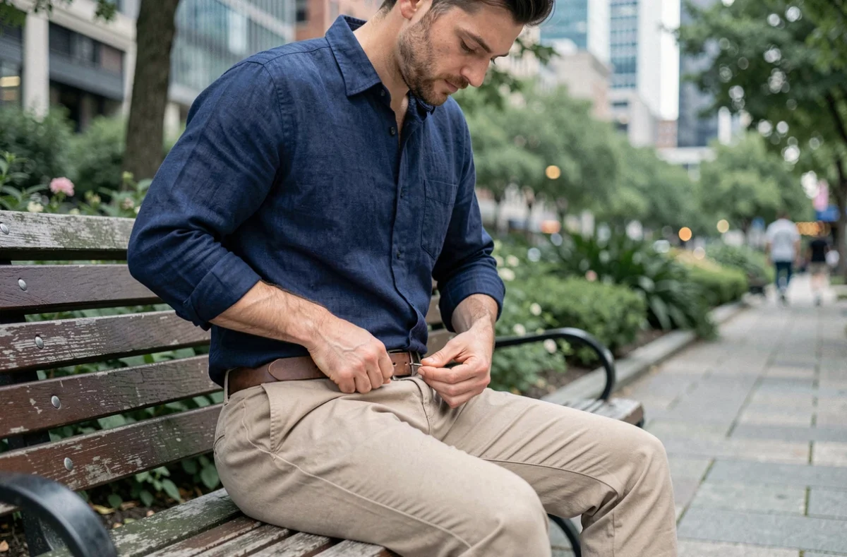 Homme assis sur un banc ajustant une ceinture pour compenser un pantalon chino taille 30 légèrement trop grand