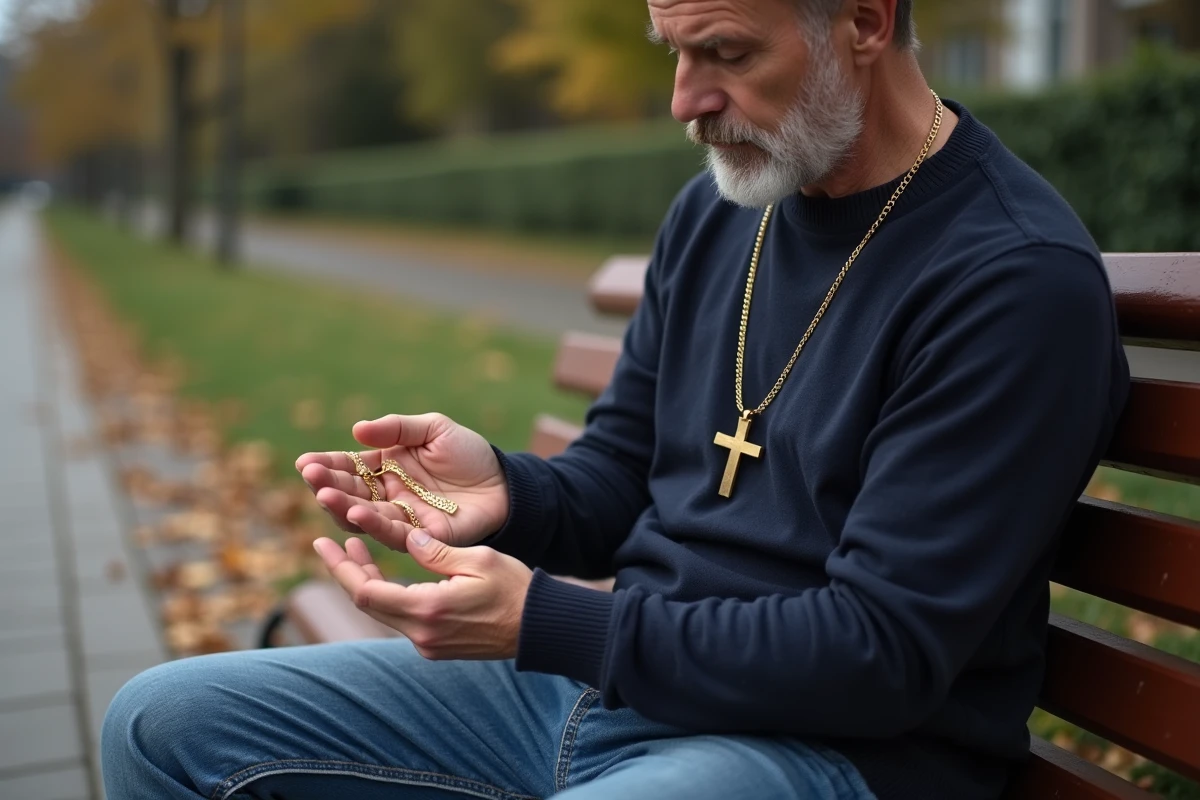 Homme regardant un collier croix en extérieur