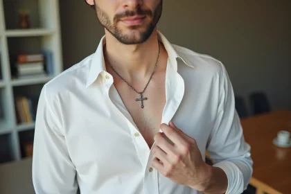 Homme ajustant un collier en argent avec croix
