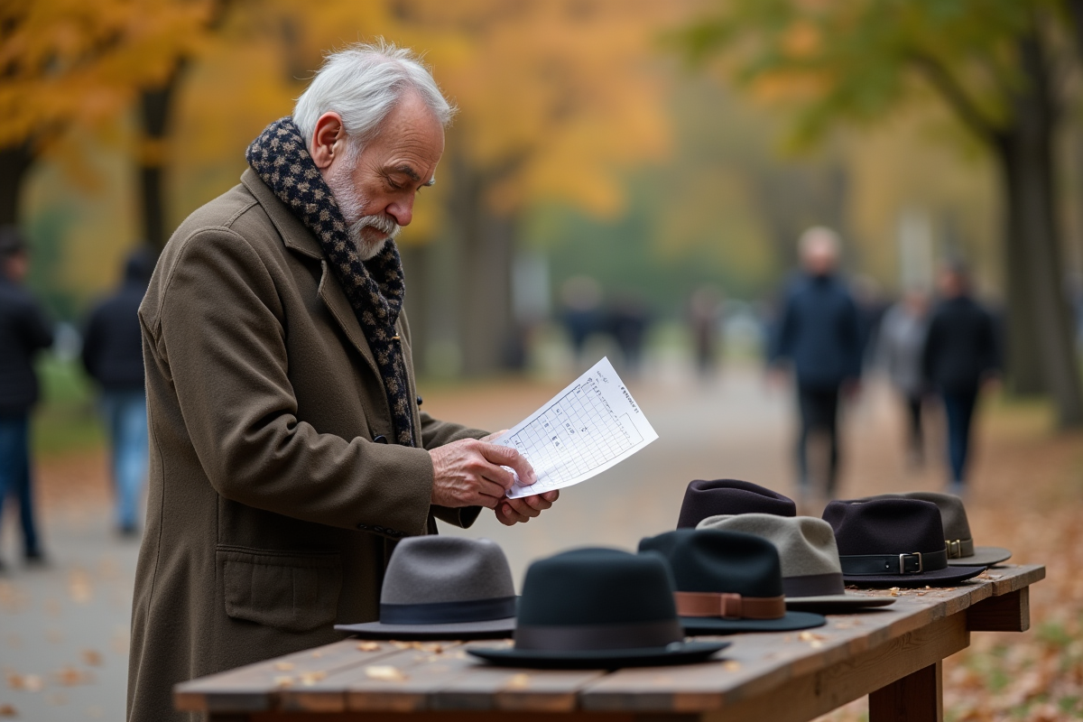 Homme âgé choisissant un chapeau dans un parc urbain