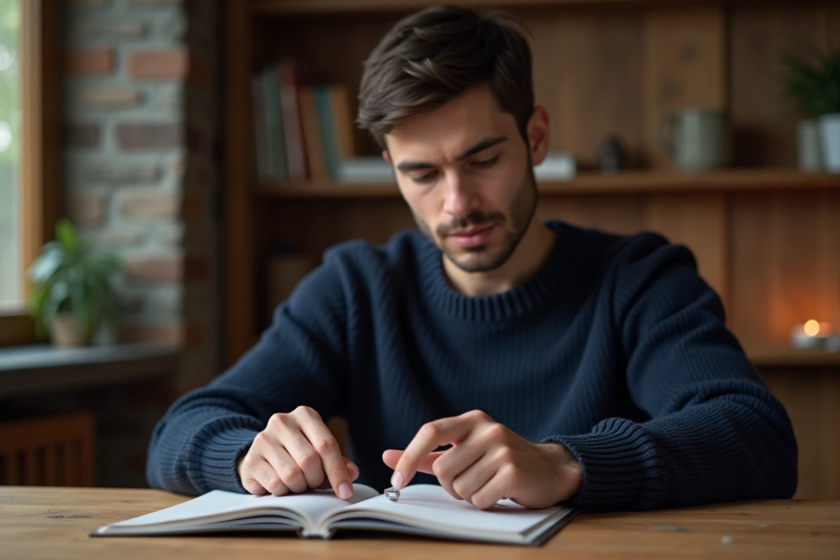 Homme consultant un catalogue pour choisir ses premiers bijoux SRD dans un bureau chaleureux