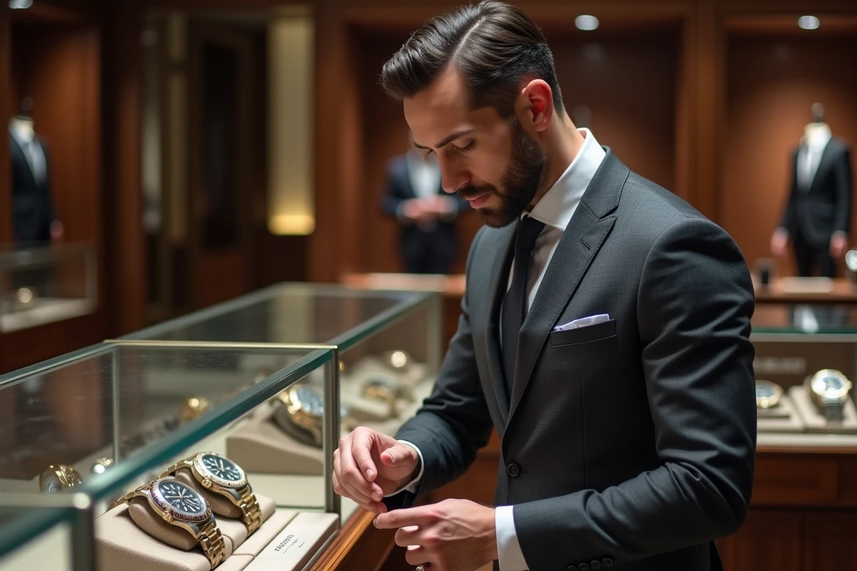 Homme en costume admirant des montres de luxe dans une boutique haut de gamme de style joaillerie