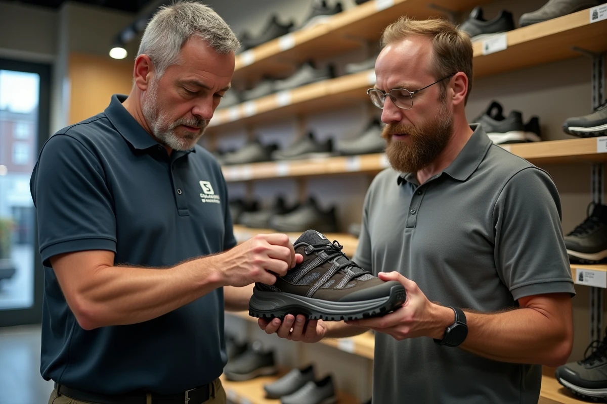 Homme aux pieds larges essayant des chaussures Salomon en magasin de sport avec l'aide d'un conseiller spécialisé