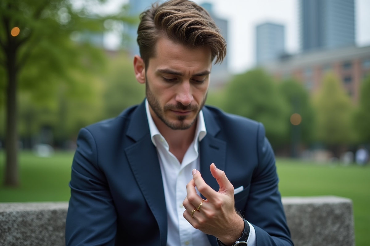 Homme en costume regardant sa bague en or en plein air
