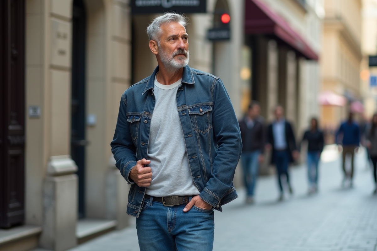 Homme en jeans décontractés sur un trottoir urbain